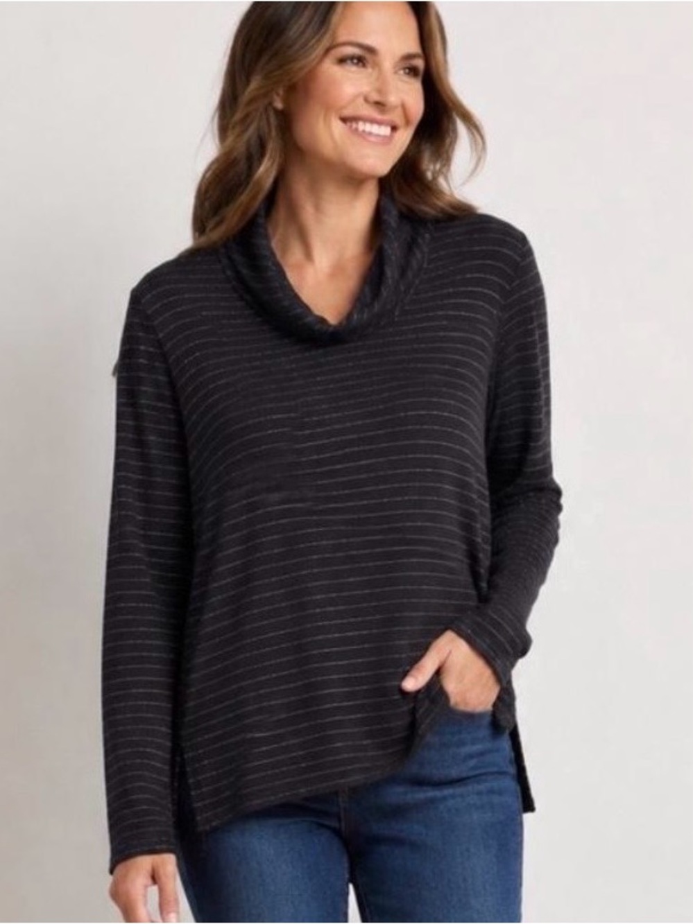 J. Jill Wearever Cowl Neck Black Metallic Stripe Tunic Holiday Top Sweater S